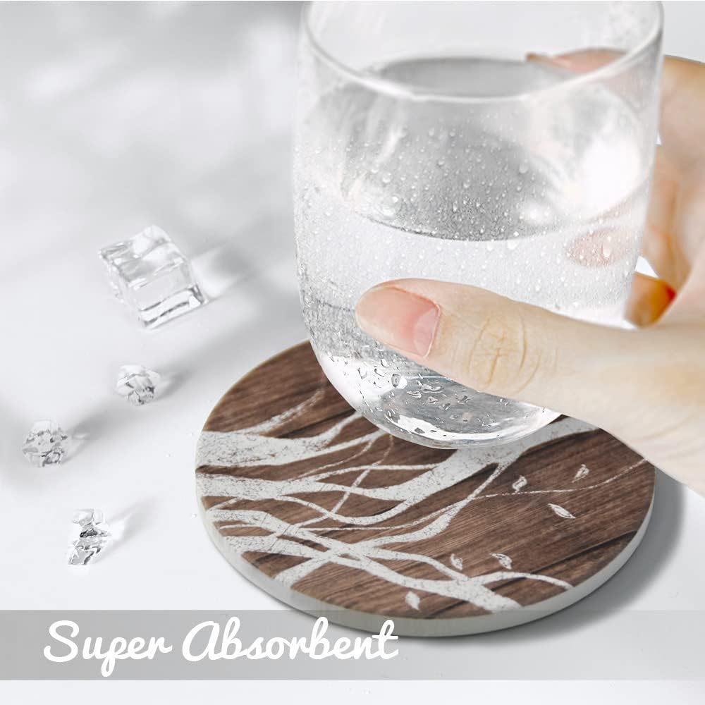 UMIRRO Ceramic Coasters for Wooden Table, Absorbent Drink Coasters with Holder for Tabletop Protection, Rustic Country Farmhouse Coasters w/Brown Wood Texture for Cups & Glasses, Coffee Bar Accessory