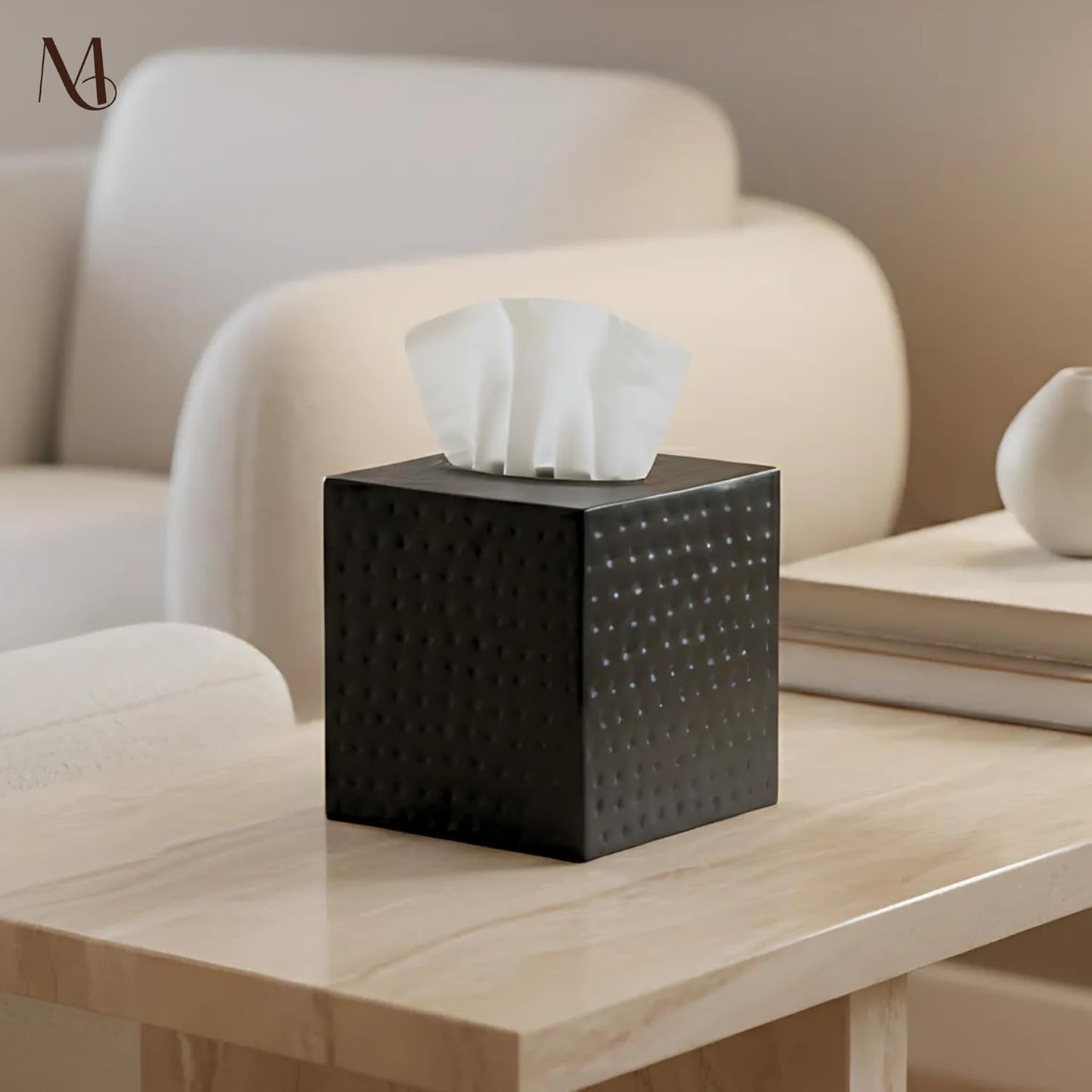 Monarch Abode Tissue Box Cover Square – Hand Hammered Black Metal Tissue Holder Box for Bathroom Accessory, Aesthetic Decorative Facial Napkin Cube for Modern Home Decor