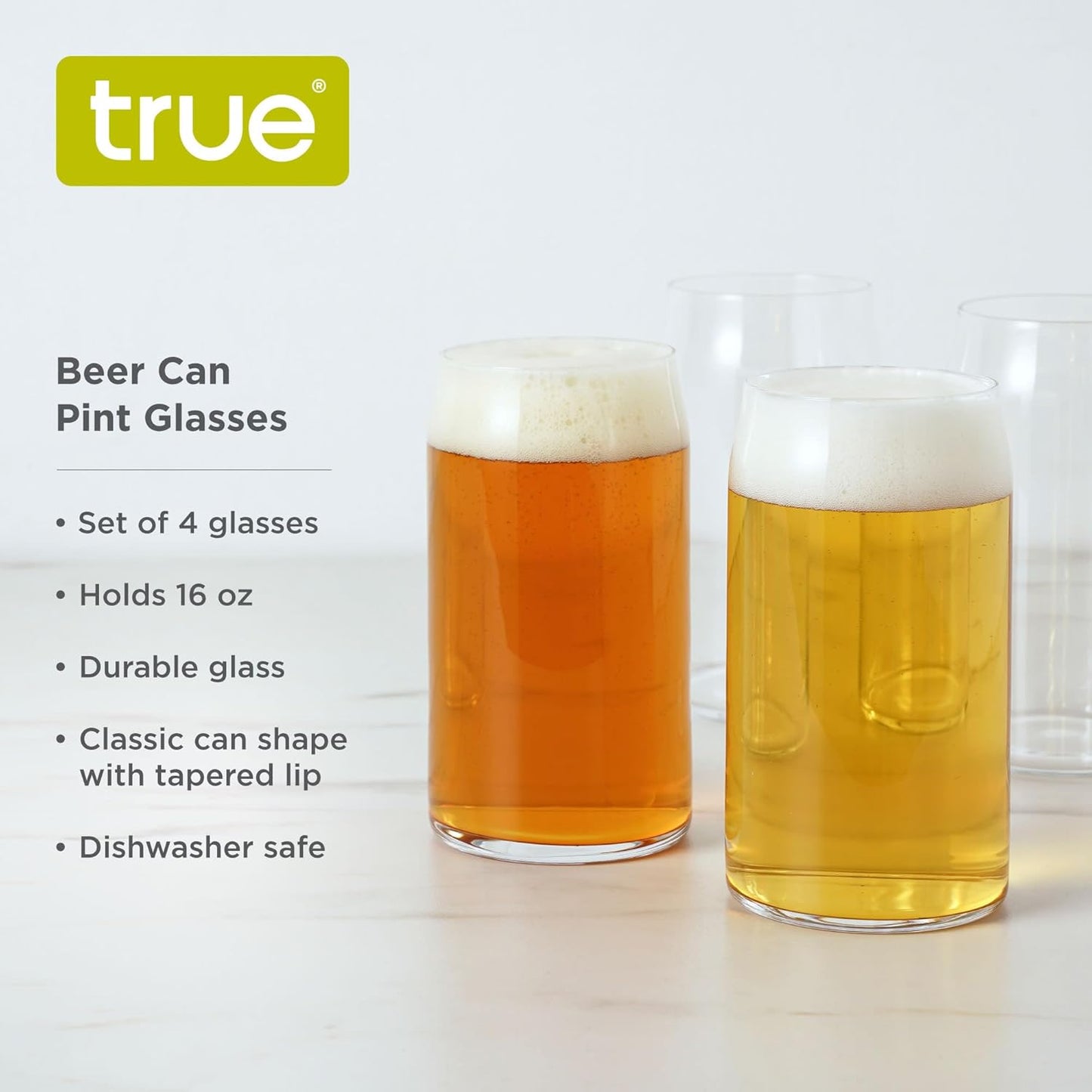 True Beer Can Glasses, Clear Tumblers, Superior Cocktail, Water, Juice, Iced Coffee, Soda, Beverage Drinking Glass, Kitchen Glassware Sets, Drinkware, Home Bar, 16 oz Set of 4