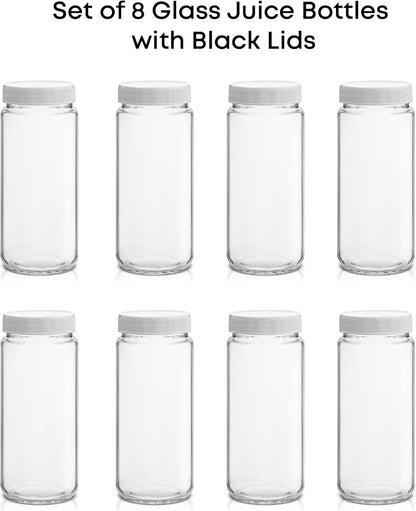 JoyJolt 16 oz Reusable Glass Bottles with Caps. Set of 8 Juicing Bottles With Lids and Juice Jars Labels. Glasses for Cold Brew, Smoothie