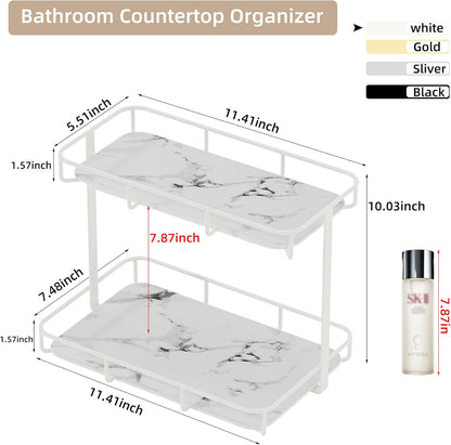 Bathroom Organizer Countertop Perfume Organizer Makeup Organizer Cosmetics Storage Display Rack Vanity Tray Dresser Stainless Steel Gold Shelf White Marble Ceramic Tray (2 Tier L-Cream)