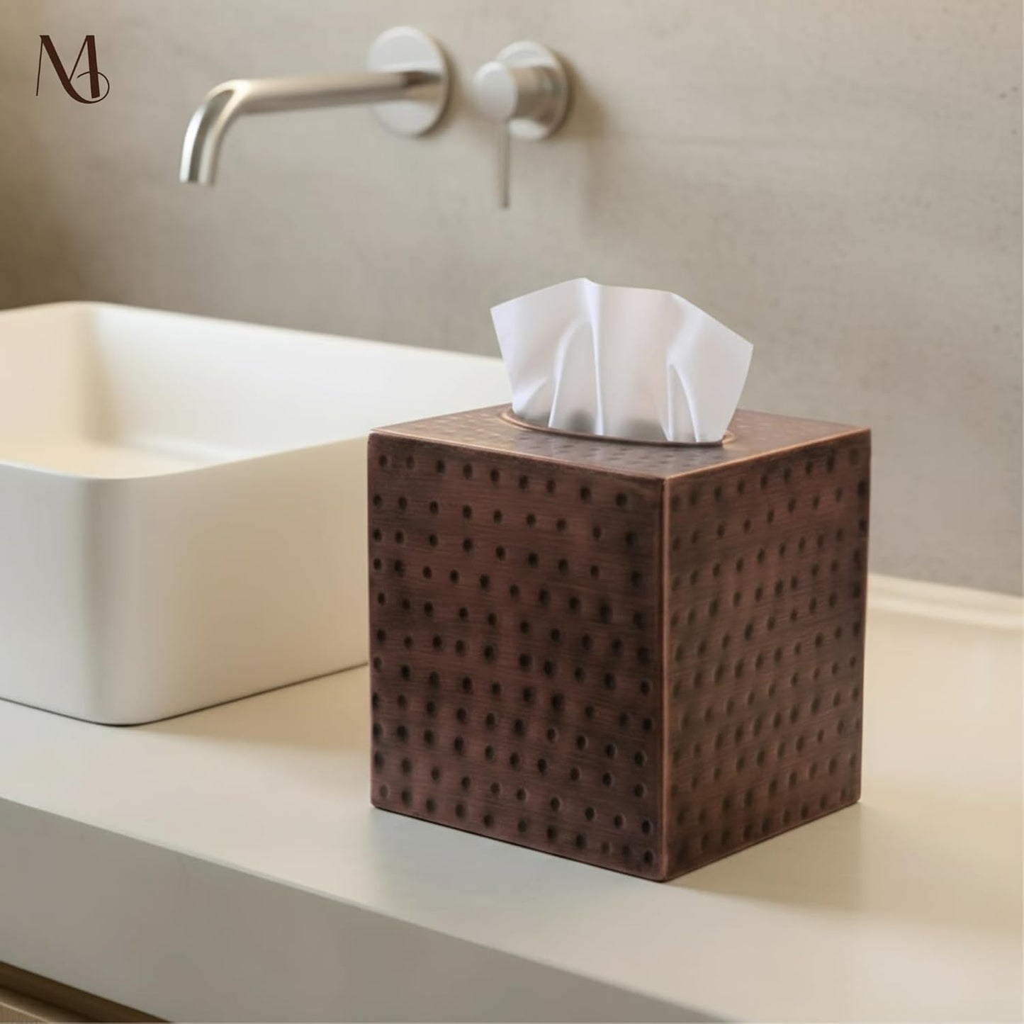 Monarch Abode Tissue Box Cover Square – Hand Hammered Antique Copper Metal Tissue Holder Box for Bathroom Accessory, Aesthetic Decorative Facial Napkin Cube for Modern Home Decor