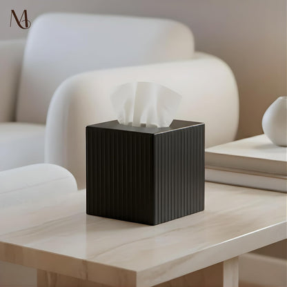 Monarch Abode Tissue Box Cover Square – Handcrafted Ridge Embossed Black Metal Tissue Holder Box for Bathroom Accessory, Aesthetic Decorative Facial Napkin Cube for Modern Home Decor