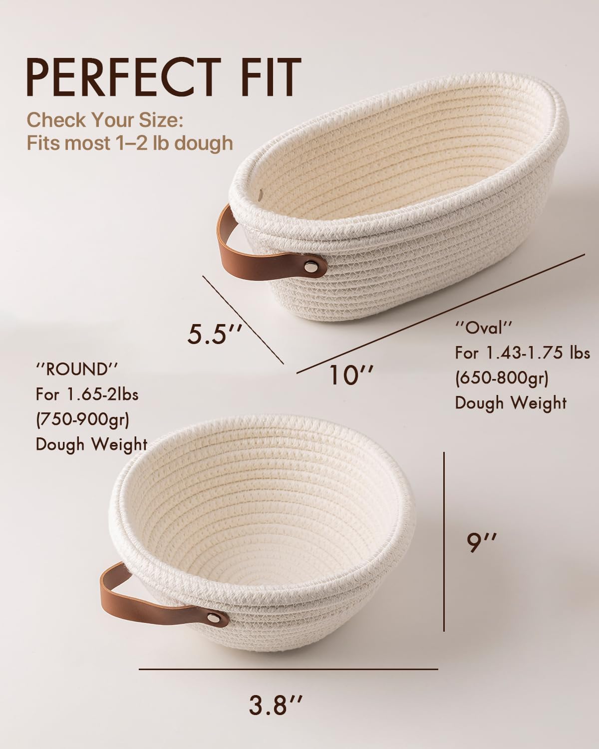 Crispier Crust Cotton Rope Banneton Bread Proofing Basket Set, Oval & Round Bread Baskets with Liners & Covers for Artisan Bread Baking, Sourdough Bread Baking Supplies(Off White)