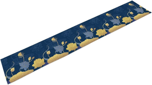 Chinese Lotus Table Runner, Traditional Culture Floral Elegant Oriental Line Art Abstract Table Runner for Kitchen Living Room Home Bedroom Dinner Set, Blue Golden 13x108 Inch