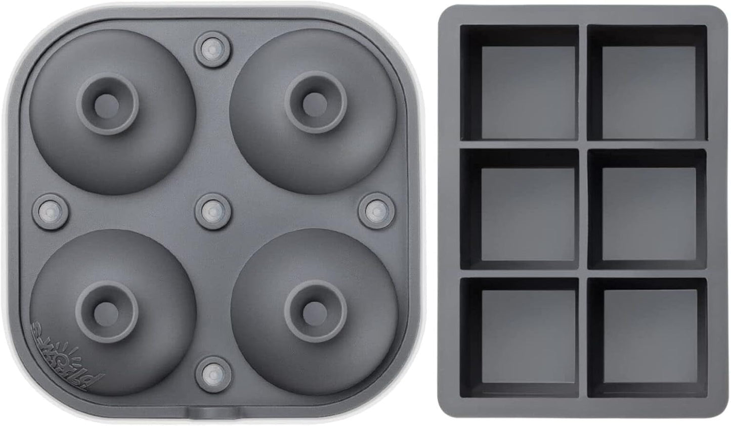 Samuelworld Large Silicone Premium Ice Trays, 2-Pack Combo, 2 Inches Big Cubes & 2.5 Inches Sphere Ice Molds - BPA Free, Craft Ice Maker for Gifting, Whiskey, Cocktails, Easy Release - Gray