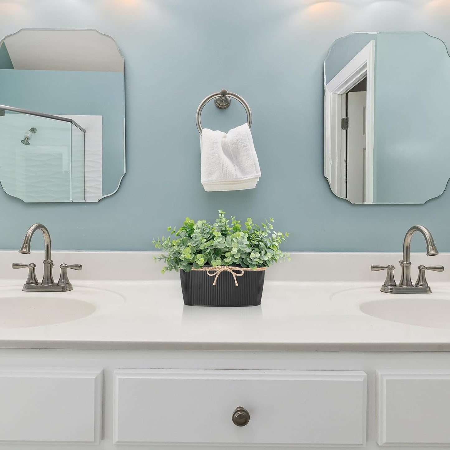 Dahey Artificial Eucalyptus Faux Plants Indoor for Farmhouse Home Decor Fake Potted Plants in Rustic Rectangular Pots Table Centerpiece for Bathroom Laundry Living Room Greenery Decor, Black