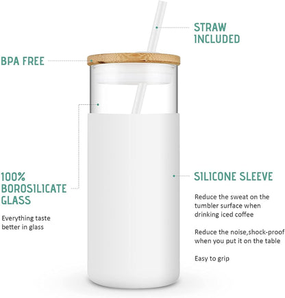 Tronco 20 oz Glass Tumbler with Lid and Straw, Iced Coffee Cup and Smoothie Cup with Bamboo Lids & Protective Silicone Sleeve, Dishwasher Safe, BPA-Free, Glass Cup 1 Pack