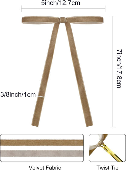 SIMISI RIBBON 24Pcs Khaki Christmas Velvet Ribbon Bows Decorations Xmas Ornaments Vintage Decor for Tree, Wreath, Garland (3/8'' Width, 5 * 7 inch)