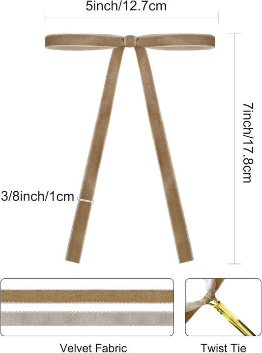 SIMISI RIBBON 24Pcs Khaki Christmas Velvet Ribbon Bows Decorations Xmas Ornaments Vintage Decor for Tree, Wreath, Garland (3/8'' Width, 5 * 7 inch)