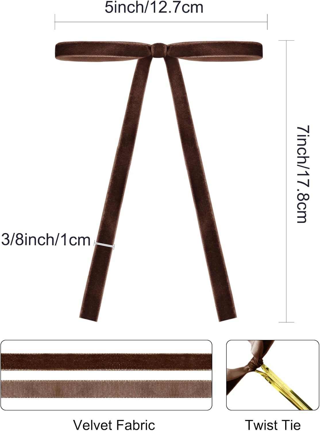 SIMISI RIBBON 24Pcs Brown Christmas Velvet Ribbon Bows Decorations Xmas Ornaments Vintage Decor for Tree, Wreath, Garland (3/8'' Width, 5 * 7 inch)