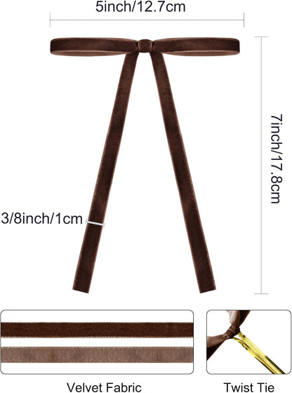 SIMISI RIBBON 24Pcs Brown Christmas Velvet Ribbon Bows Decorations Xmas Ornaments Vintage Decor for Tree, Wreath, Garland (3/8'' Width, 5 * 7 inch)