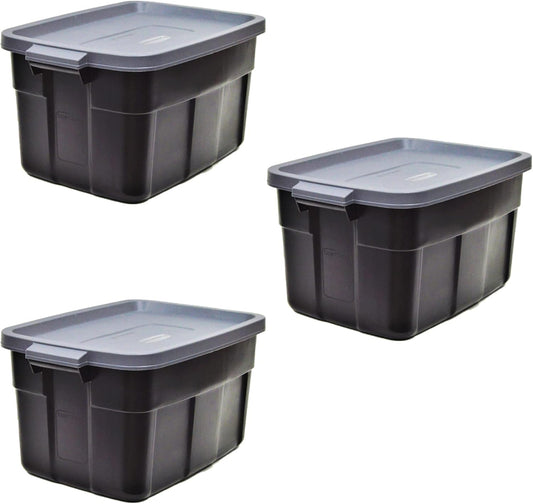Rubbermaid Garage Storage Bins Black Plastic Stackable Storage with 3-Pack 31 GAL Capacity, Totes for Storage Home Organization Durable - Heavy Duty (31 GAL - 3 Pack Solid Black and Grey)