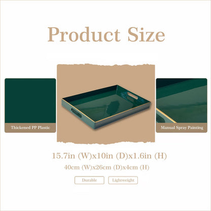 Zosenley Decorative Tray, Rectangular Plastic Tray with Handles, Modern Vanity Tray and Serving Tray for Bathroom, Kitchen, Ottoman and Coffee Table, 15.6” x 10.2” (Dark Green)