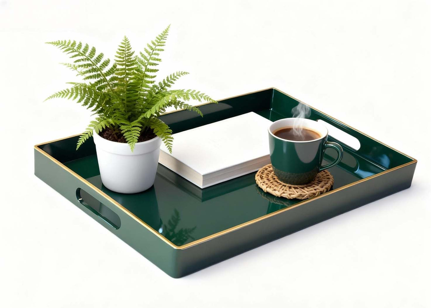 Zosenley Decorative Tray, Rectangular Plastic Tray with Handles, Modern Vanity Tray and Serving Tray for Bathroom, Kitchen, Ottoman and Coffee Table, 15.6” x 10.2” (Dark Green)