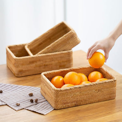 Rattan Storage Baskets, Wicker Baskets for Organizing, Hand Woven Fruit Basket, Decorative Baskets for Kitchen Counter, Living Room, Bathroom, Set of 3