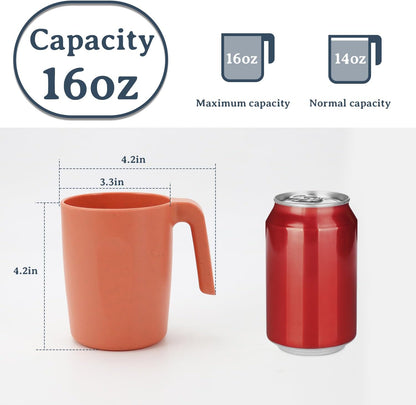 Wrova 16oz Wheat Straw Cups with handles set of 6-Plastic Cups Reusable-Unbreakable Kids Mugs-Dishwasher Safe & Microwave Safe-Ideal Plastic Mugs for Tea,Coffee,Camping,RV-Orange