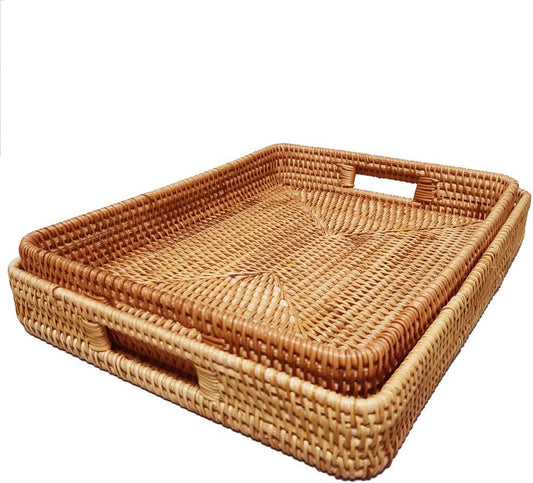 i-lan 2 Pack Oversize Deep Natural Wicker Serving Tray with Handles and 2.3” Wall, 16 Inch Rectangular Rattan Office Tray, Decorative Woven Rattan Fruit Baskets Tray Plate for Table Countertop,L+XL