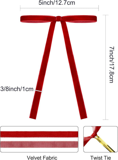 SIMISI RIBBON 24Pcs Red Christmas Velvet Ribbon Bows Decorations Xmas Ornaments Vintage Decor for Tree, Wreath, Garland (3/8'' Width, 5 * 7 inch)