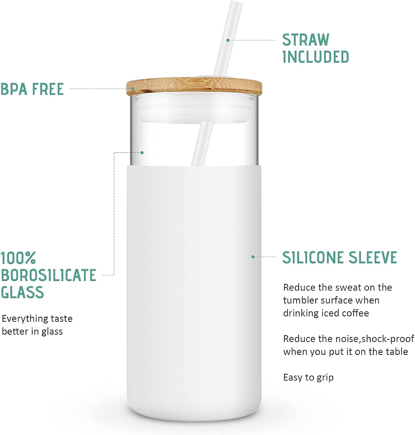 Tronco 20 oz Glass Tumbler with Lid and Straw, Iced Coffee Cup and Smoothie Cup with Bamboo Lids & Protective Silicone Sleeve, Dishwasher Safe, BPA-Free, Glass Cup 2 Pack