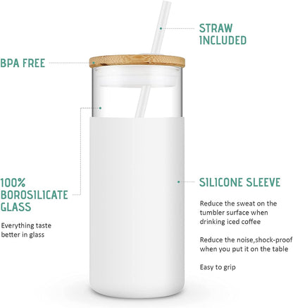Tronco 20 oz Glass Tumbler with Lid and Straw, Iced Coffee Cup and Smoothie Cup with Bamboo Lids & Protective Silicone Sleeve, Dishwasher Safe, BPA-Free, Glass Cup 2 Pack