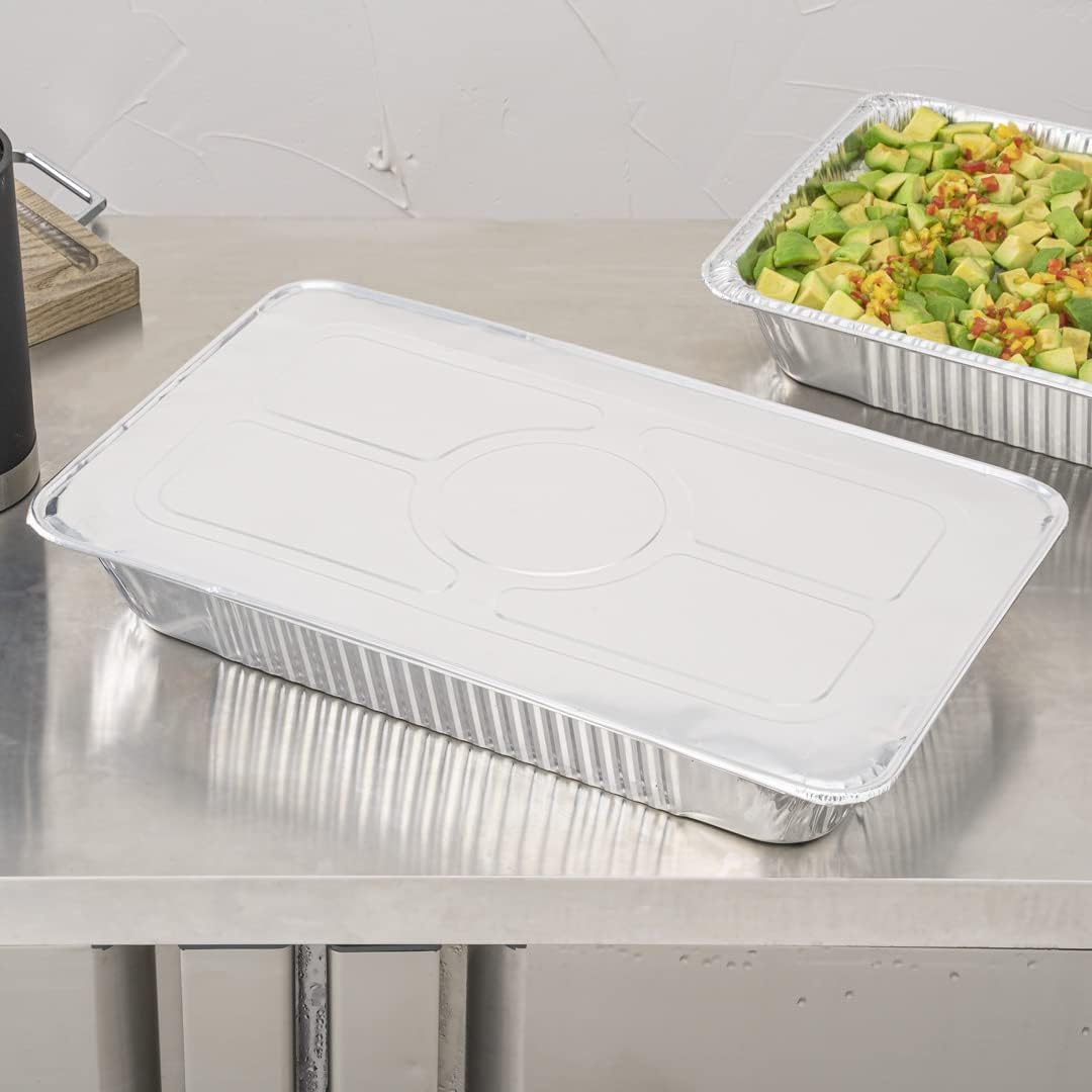 Restaurantware Aluminum Pan Cover 25 Count 21.06 x 13.5 Inch Oven Friendly Disposable Pan Lid Full Size Foil Lid Temperature-Sealing Silver For Catering And Food Storage