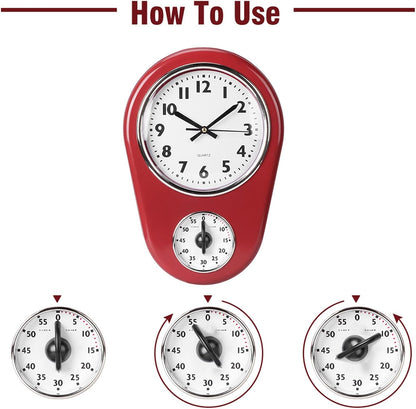 Retro Kitchen Wall Clock, Vintage Kitchen Clock with a Timer, Large Display, Battery Operated for Indoor Living Room Decoration