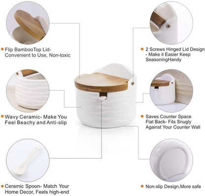 Ceramic Sugar Bowl with Bamboo Lids and Spoons Serving Tray, Porcelain Sugar Container for Sugar Tea Coffee Spice,Salt Condiment with Chalkboard Labels for Home Kitchen,9.1 fl oz 270 ML