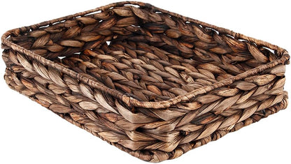 Water Hyacinth Woven Serving Tray Rectangular Hand-Woven Wicker Storage Trays for Coffee/Breakfast/Dessert/Fruit/Bread (Brown-Large)