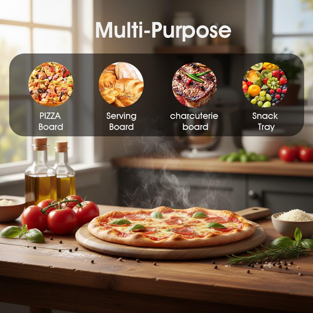 Acacia Wood Charcuterie & Pizza Board Set with Pizza Cutter – Premium Multi-Purpose Pizza Serving Board for Cheese, Bread, Fries, Appetizers – Rustic Cutting Board for Entertaining & Gift Giving