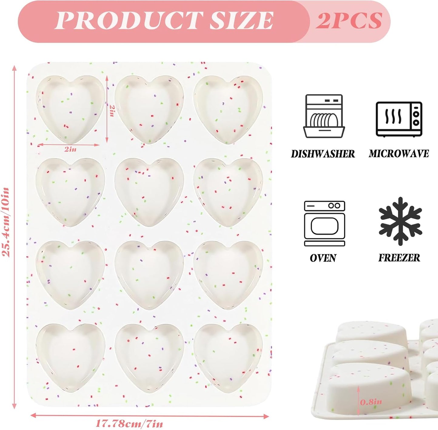 2 Inch Silicone Heart Muffin Pan,12-Cavity Heart Silicone Molds Small Hearts Shape Cake Pan Valentines Chocolate Molds for Baking,Candy, Cake, Soap