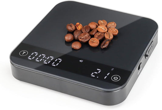 KitchenTour CaféMetric Coffee Scale with Timer 0.1g/2000g - Precision Small Scale for Espresso & Pour Over - Mini Scale with Rechargeable Battery, LED Display - Black
