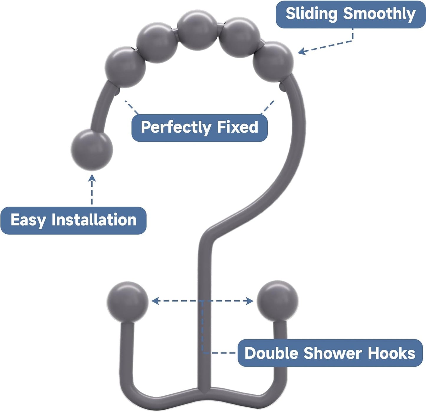 Titanker Shower Curtain Hooks Rings, Rust-Resistant Metal Double Glide Shower Hooks for Bathroom Shower Rods Curtains, Set of 12 Hooks - Neutral Gray