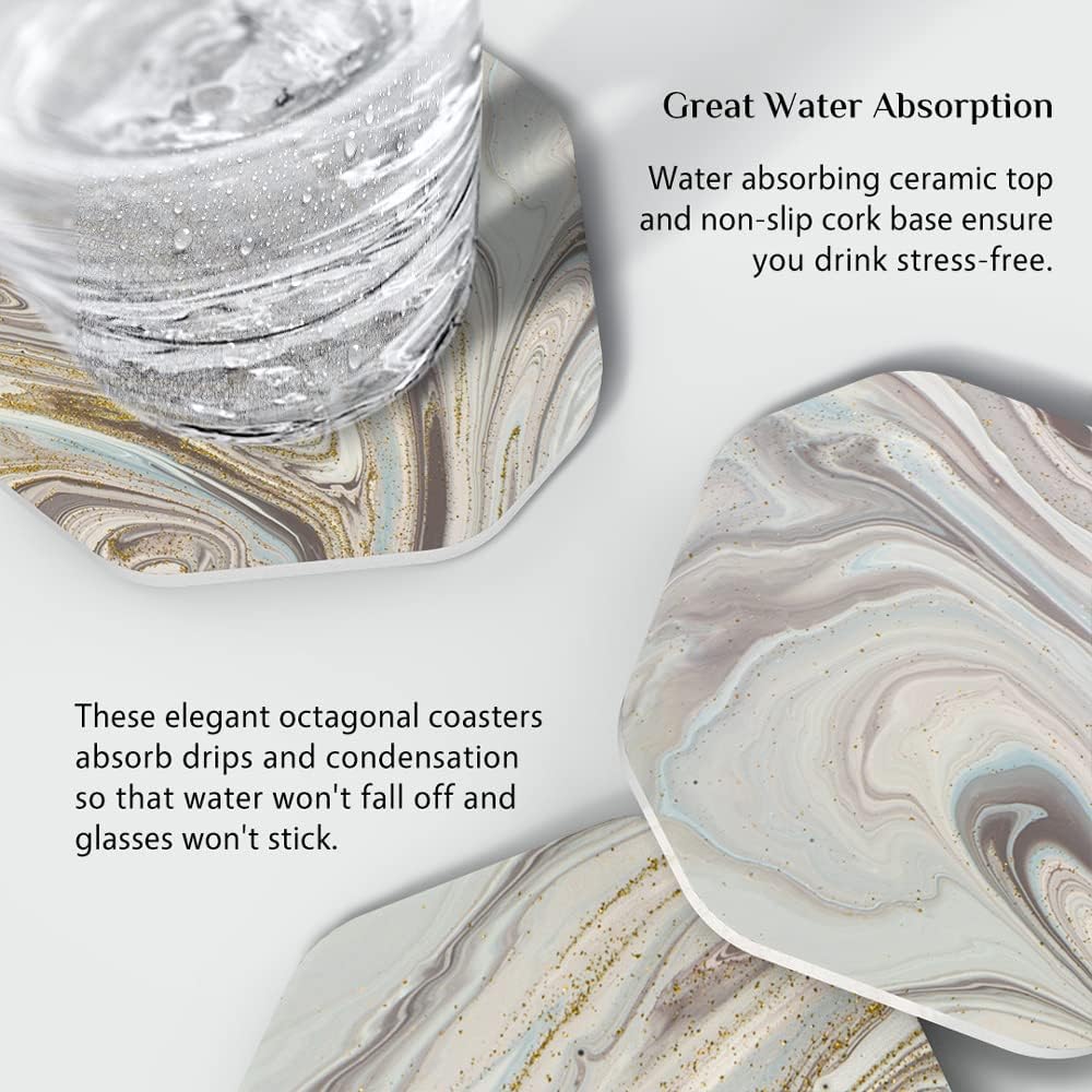 UMIRRO Ceramic Stone Coasters for Drinks Absorbent with Holder for Wooden Coffee Table, Stoneware Cup Coasters for Iced Cold or Hot Drinks, Moisture Socking, Marble Style, 4", Colorful, Gold, 6-Piece