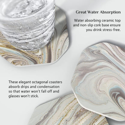 UMIRRO Ceramic Stone Coasters for Drinks Absorbent with Holder for Wooden Coffee Table, Stoneware Cup Coasters for Iced Cold or Hot Drinks, Moisture Socking, Marble Style, 4", Colorful, Gold, 6-Piece