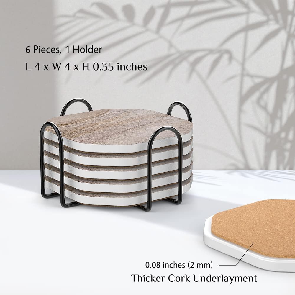 UMIRRO Stone Coasters for Drinks Absorbent for Wooden Coffee Table, Ceramic Stoneware Cup Coasters with Holder for Cold Beer or Hot Tea, Condensation Absorbing, Sandstone Style, Thirsty-Clay, 6 Pack
