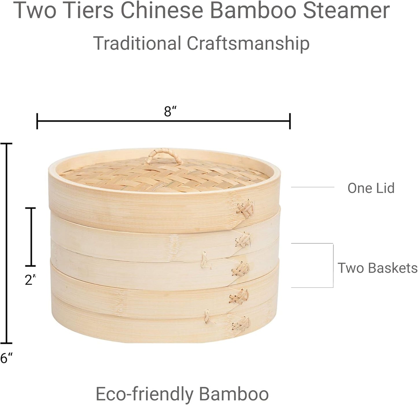 JapanBargain, Chinese Bamboo Steamer Steaming Basket for Vegetable Seafood Dim Sum Dumpling Bun Egg, 8-inch