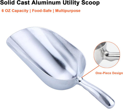 6 OZ Cast Aluminum Utility Scoop, One-Piece Solid Ice Scoop for Ice Bucket, Bar, Kitchen, Multipurpose Food Scooper for Flour, Sugar, Popcorn, Dog Food (Silver) (6OZ)