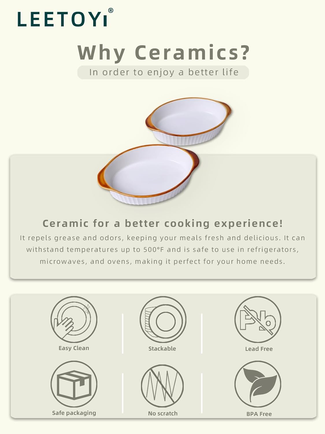 LEETOYI Porcelain Small Oval Au Gratin Pans, Baking Dish Set for 1 or 2 person servings, Bakeware with Double Handle for Kitchen and Home, Set of 2 (White/Brown)