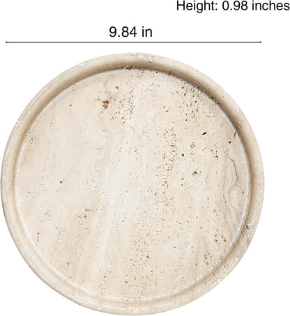 Travertine Tray, Small Ceramic Vanity Tray for Bathroom Counter Decor, Round Marble Decorative Trays for Coffee Table (Beige, Large Size)