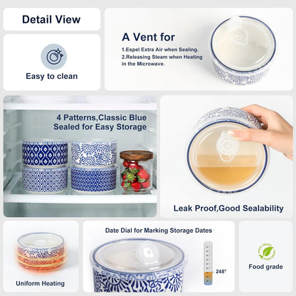 Selamica Ceramic Bowls with Lids,14 OZ Small Serving Bowls with Lids for Lunch Picnic Microwave Safe, 5 Inch Kitchen Food Storage Bowls Set of 4 for Prep, Salad, Pasta, Cereal, Vintage Blue