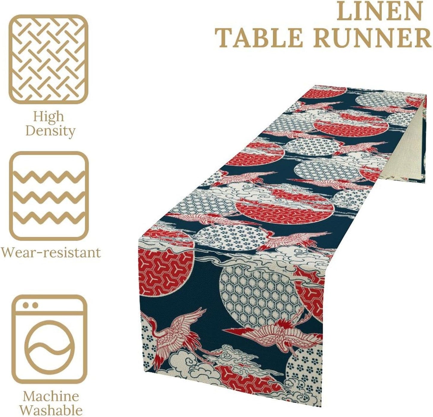 Chinese Crane Table Runner, Luxury Asian Style Oriental Line Geometry Wave Traditional Elements Blue White Table Runner for Kitchen Home Party Dinner Set, 13x120 Inch