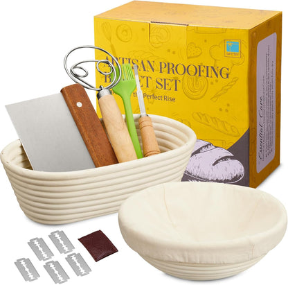 Banneton Bread Proofing Basket - Banneton Basket Set Sourdough Proofing Basket Round Proofing Bowls Handmade Rattan Baskets and Liners (Oval & Round Gift Set)