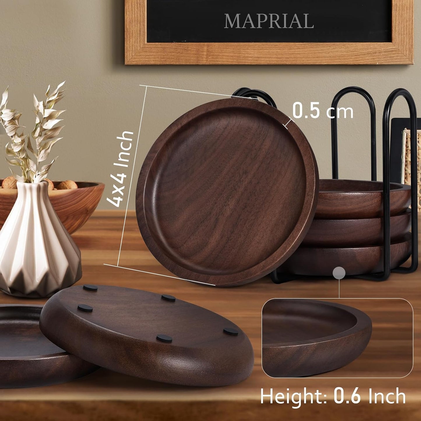 Wood Coasters Set of 4 with Holder, 4 Inch 100% Natural Walnut Wooden Drink Coasters for Housewarming Gifts New Home, Gifts, Wedding, Coffee Table, Office, Home Decor, Bar, Christmas