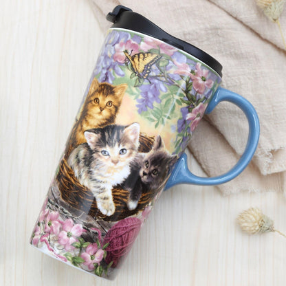 TZSSP Ceramic Coffee Mug,Coffee Travel Mug with Handle & Lid,Travel Cup for Porcelain,17 oz,Tall Tea Mug in Gift Box for Home & Office, Flower & Cat Art Pattern