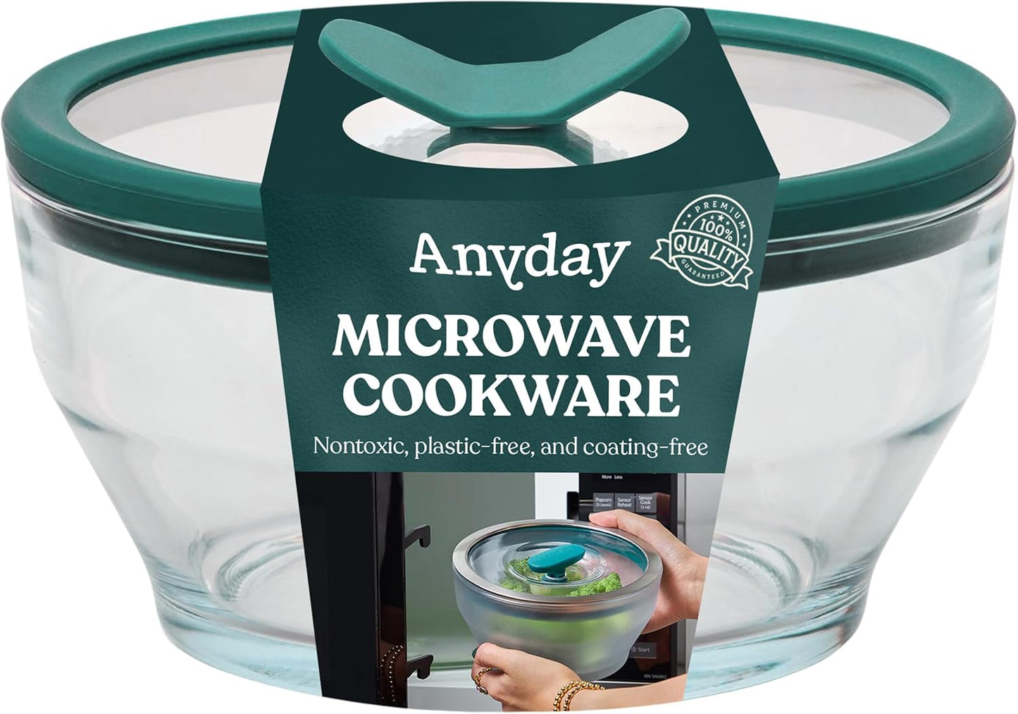 Anyday 8-Cup Glass Food Storage with Glass Lid, Round Deep Dish | Plastic-Free Meal Prep & Microwave Cookware | Stackable Airtight Storage Container with Vented Lid for Microwave-Safe Reheating