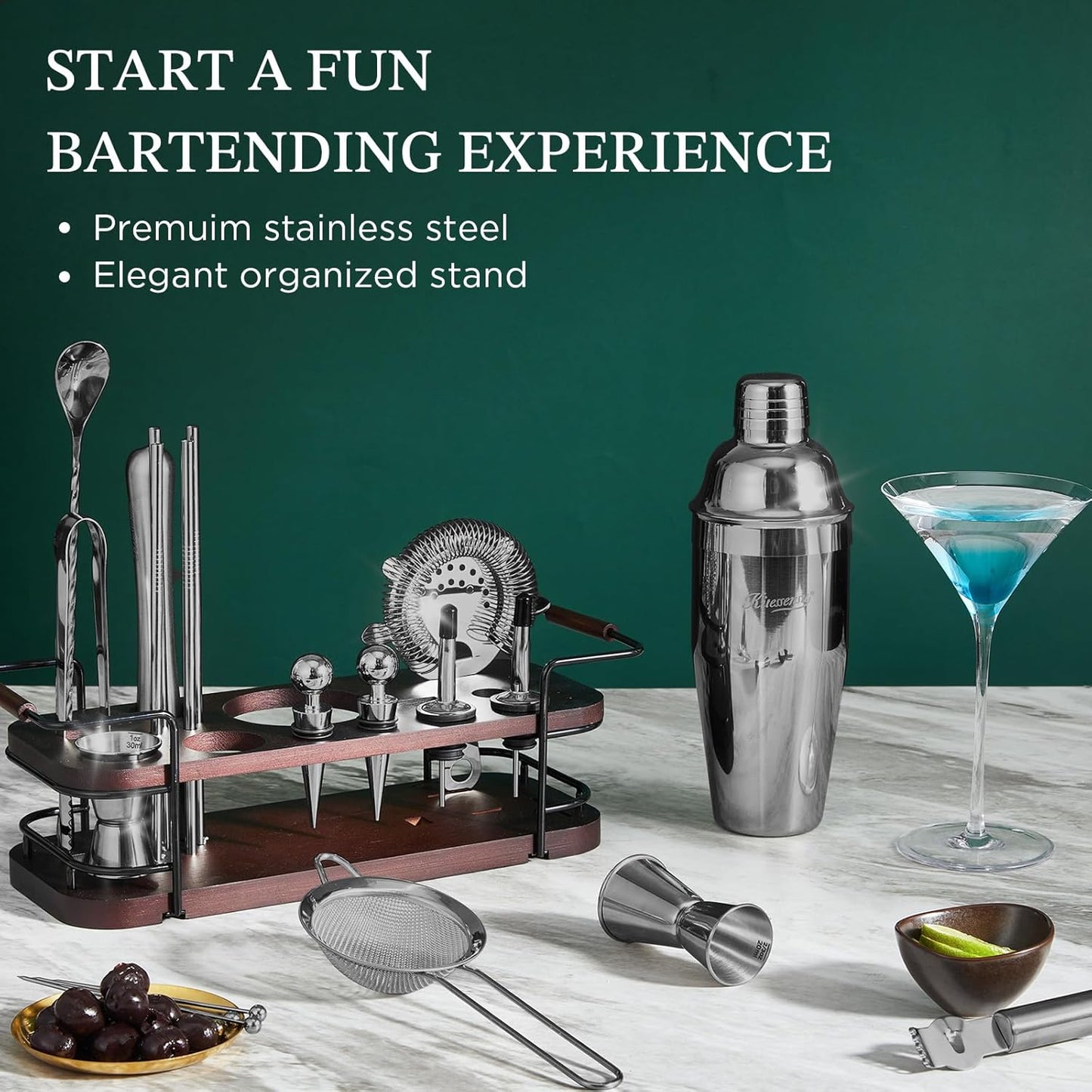 KITESSENSU Cocktail Shaker Set Bartender Kit with Stand | Complete 24-Piece Bar Set Cocktail Kit with All Bar Accessories, Black