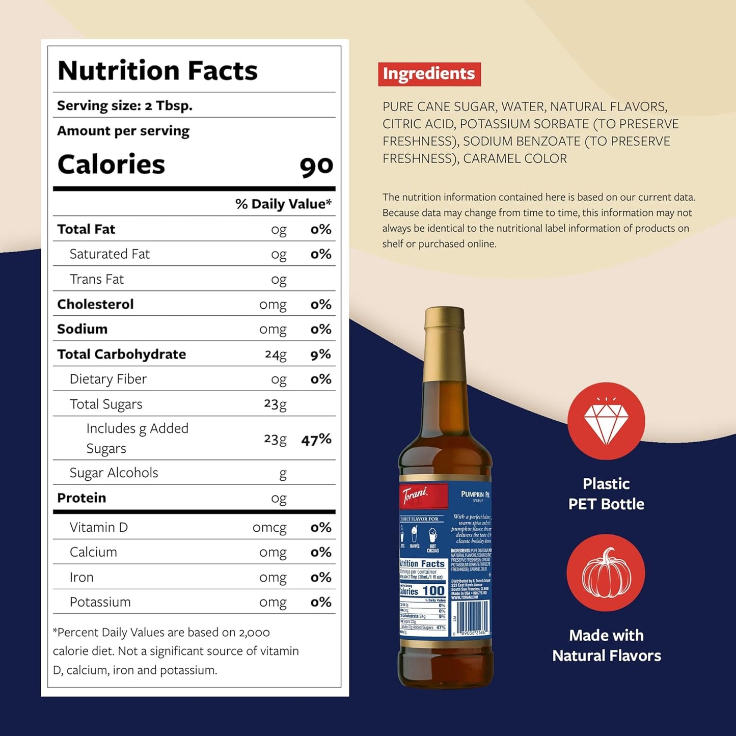 Torani Coffee Syrup, Pumpkin Pie Flavored Syrup for Drinks, Pump Included, 25.4 Fl Oz