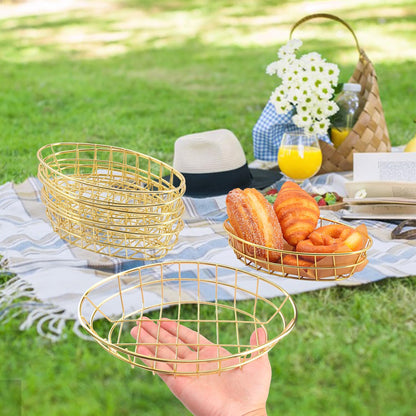 12 Pack Oval Wire Bread Basket, 9.65 x 6.1 x 2.17 Inch Metal Fast Food Baskets with 50 Sheets Deli Wrappers Paper, Metal Dinner Roll Baskets for Home & Kitchen, Serving and Storage(Golden)