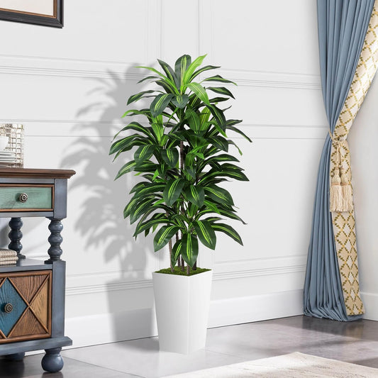 Artificial Dracaena Plant Indoor 5FT - Fake Tree with White Tall Planter - Faux Yucca Tall Fake Floor Plant in Pot - Artificial Trees for Home Office Living Room Decor Indoor